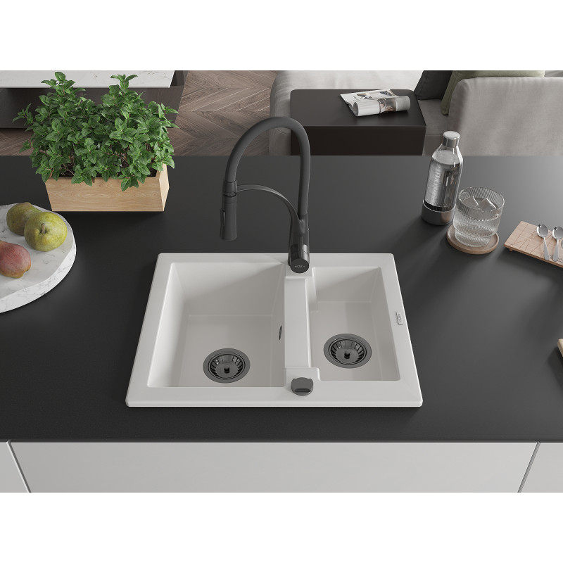 Mexen Carlos évier en granit 1,5 cuves avec robinet de cuisine Aster, blanc - 6518-20-73450-70-B