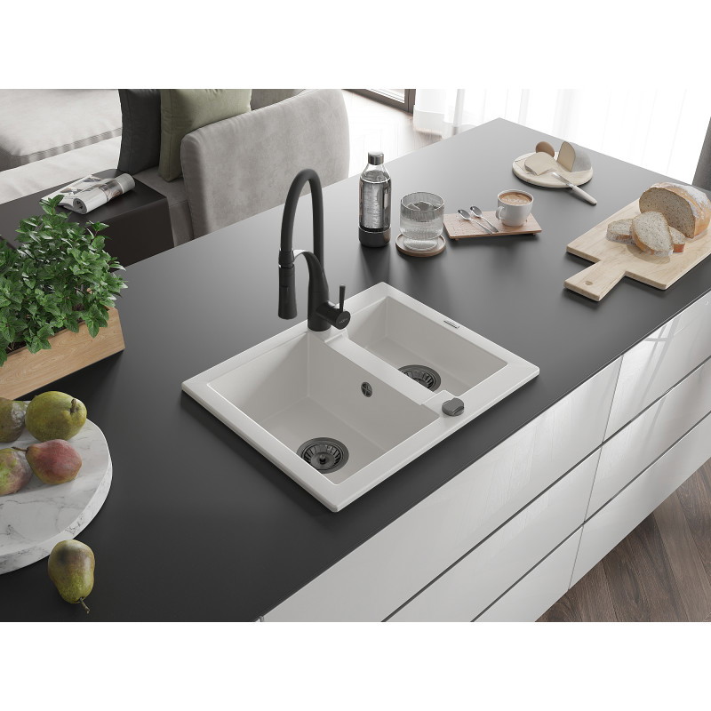 Mexen Carlos évier en granit 1,5 cuves avec robinet de cuisine Aster, blanc - 6518-20-73450-70-B