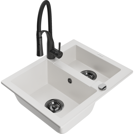 Mexen Carlos évier en granit 1,5 cuves avec robinet de cuisine Aster, blanc - 6518-20-73450-70-B