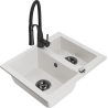 Mexen Carlos évier en granit 1,5 cuves avec robinet de cuisine Aster, blanc - 6518-20-73450-70-B