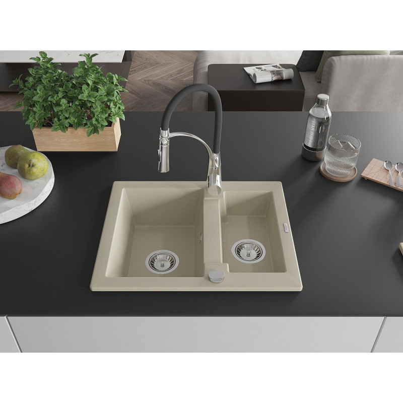 Mexen Carlos évier en granit 1,5 cuve avec robinet de cuisine Aster, beige - 6518-69-73450-07