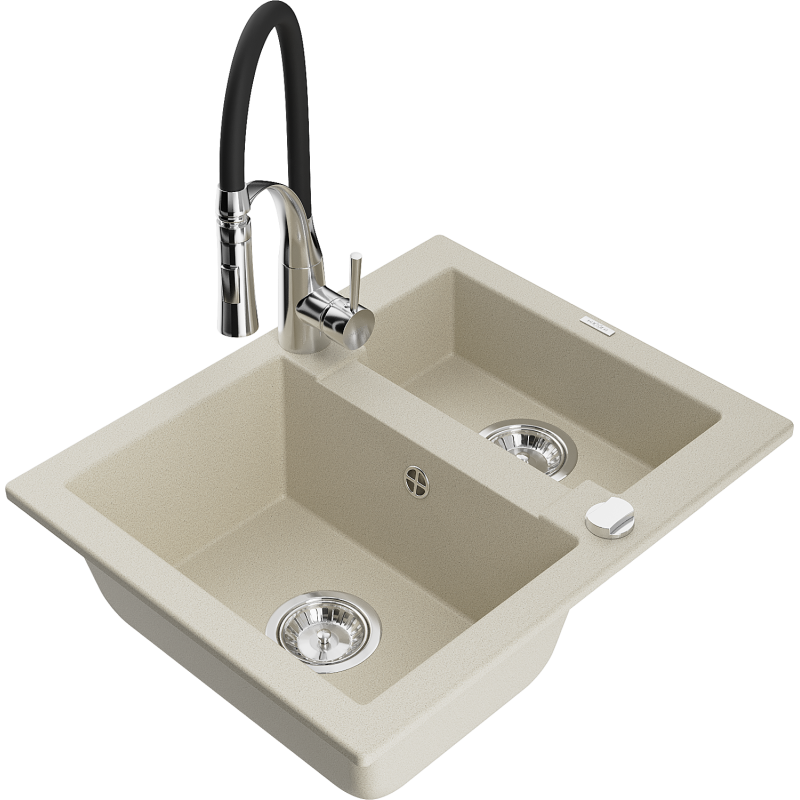 Mexen Carlos évier en granit 1,5 cuve avec robinet de cuisine Aster, beige - 6518-69-73450-07