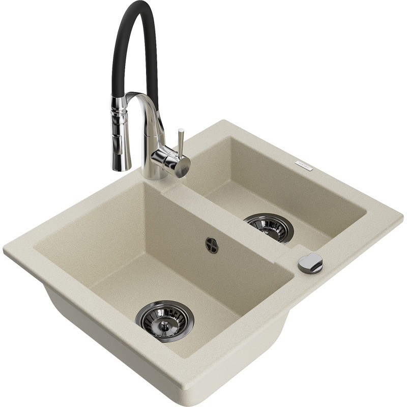 Mexen Carlos évier de cuisine en granit 1,5 bac avec robinet de cuisine Aster, beige - 6518-69-73450-07-B