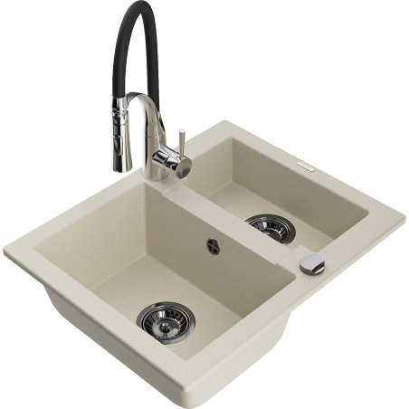 Mexen Carlos évier en granit 1,5 bac avec robinet de cuisine Aster, beige - 6518-69-73450-07-B