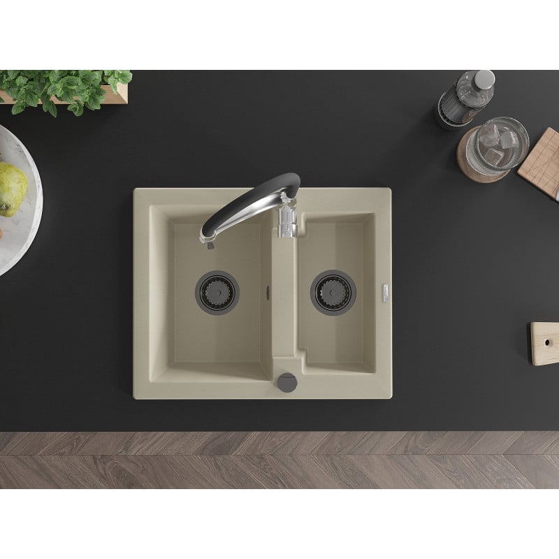 Mexen Carlos évier en granit 1,5 bac avec robinet de cuisine Aster, beige - 6518-69-73450-07-B