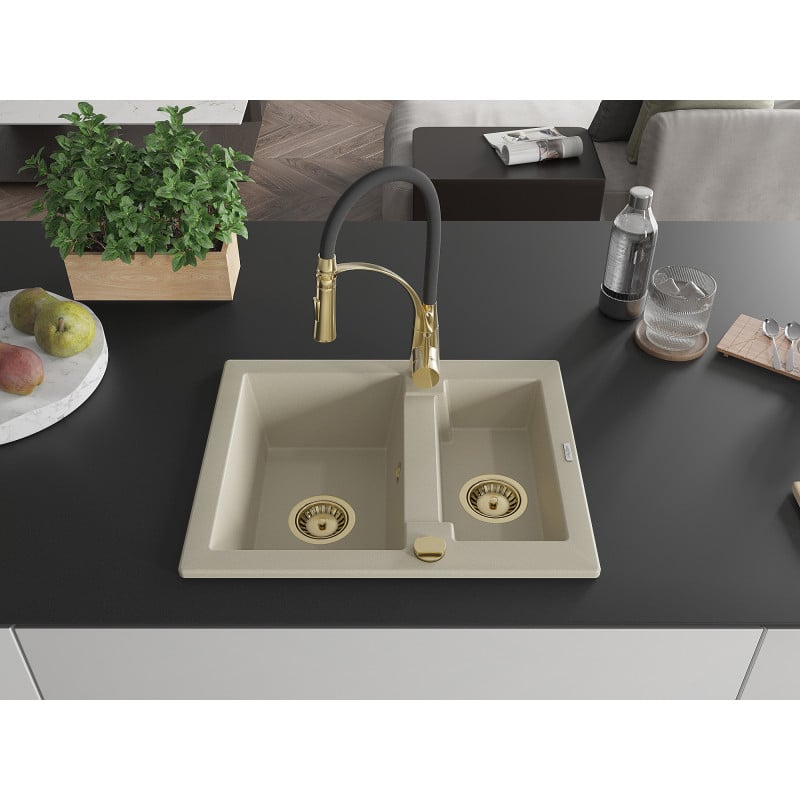 Mexen Carlos évier granit 1,5-bac avec robinet de cuisine Aster, beige - 6518-69-73450-57-G