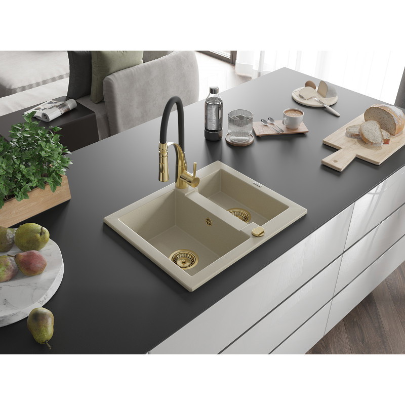 Mexen Carlos évier granit 1,5-bac avec robinet de cuisine Aster, beige - 6518-69-73450-57-G