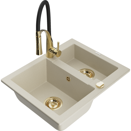 Mexen Carlos évier en granit 1,5-bac avec robinet de cuisine Aster, beige - 6518-69-73450-57-G