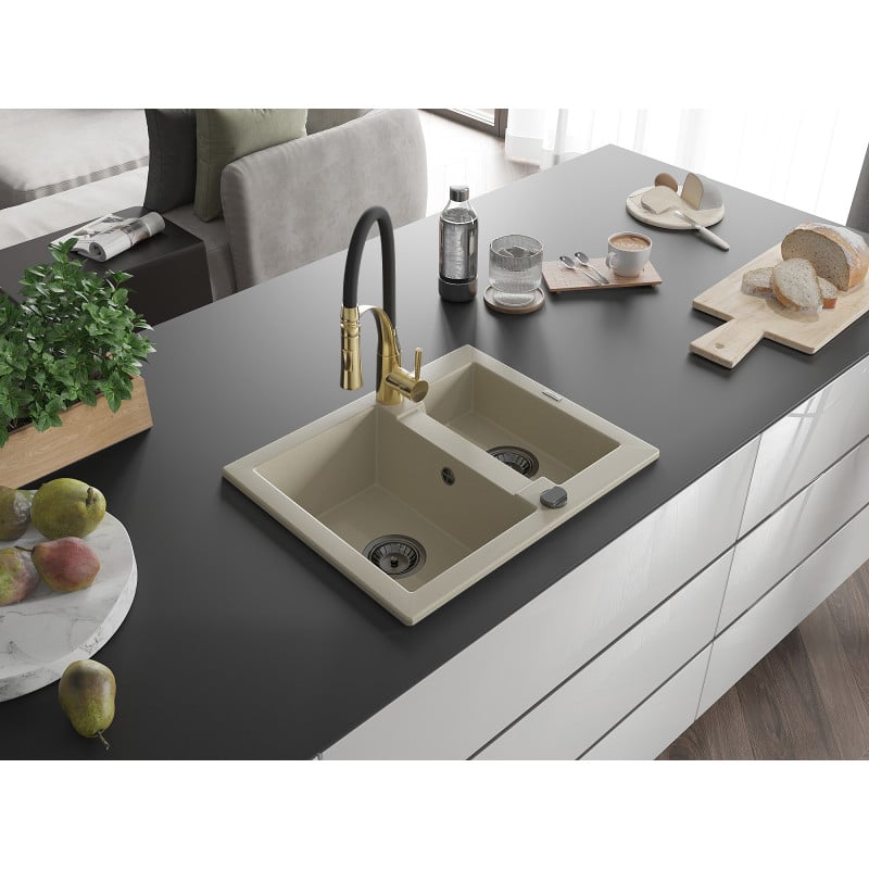 Mexen Carlos évier en granit 1,5 bac avec robinet de cuisine Aster, beige - 6518-69-73450-57-B