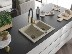 Mexen Carlos évier granit 1,5 bac avec robinet de cuisine Aster, beige - 6518-69-73450-57-B