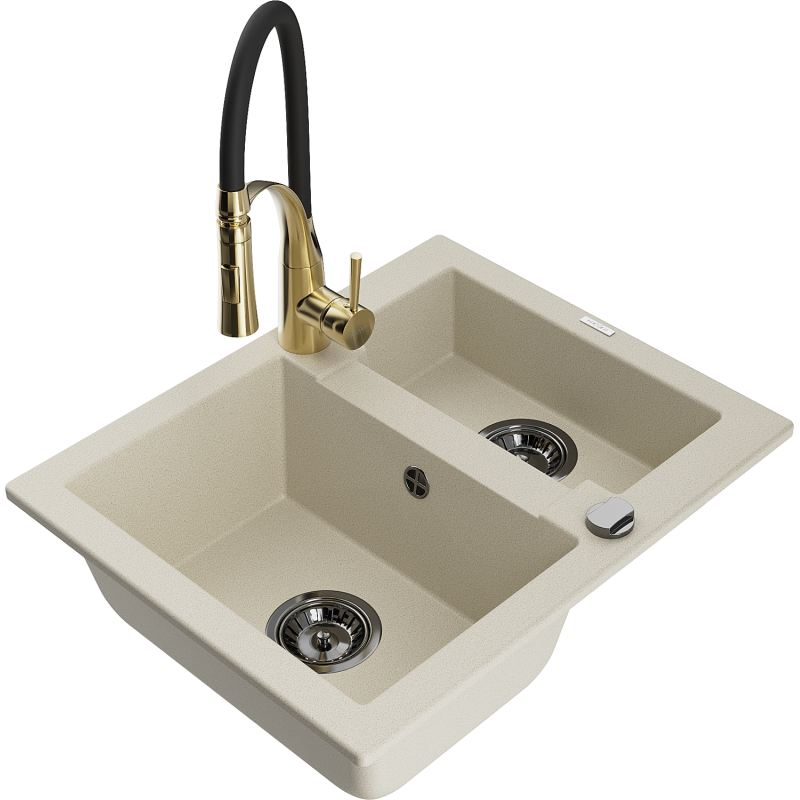 Mexen Carlos évier granit 1,5 bac avec robinet de cuisine Aster, beige - 6518-69-73450-57-B