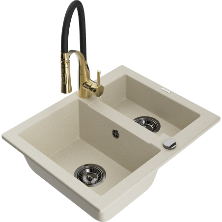 Mexen Carlos évier granit 1,5 bac avec robinet de cuisine Aster, beige - 6518-69-73450-57-B