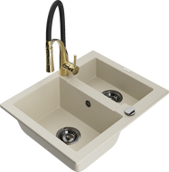 Mexen Carlos évier granit 1,5 bac avec robinet de cuisine Aster, beige - 6518-69-73450-57-B