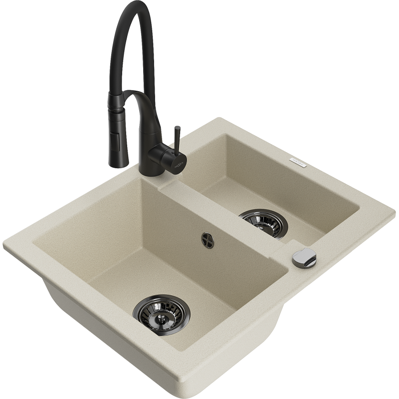 Mexen Carlos évier en granit 1,5 bac avec robinet de cuisine Aster, beige - 6518-69-73450-70-B
