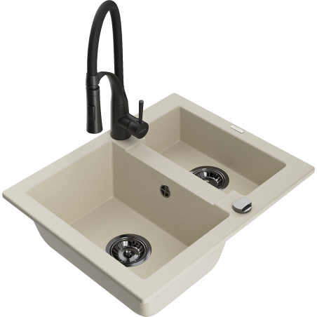 Mexen Carlos évier en granit 1,5 bac avec robinet de cuisine Aster, beige - 6518-69-73450-70-B