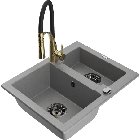 Mexen Carlos évier en granit 1,5 bacs avec robinet de cuisine Aster, gris - 6518-71-73450-57-B