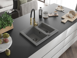 Mexen Carlos évier en granit 1,5 bacs avec robinet de cuisine Aster, gris - 6518-71-73450-57-B