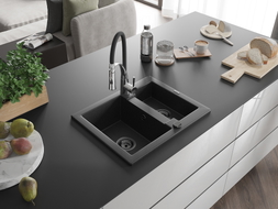 Mexen Carlos évier en granit 1,5 cuves avec robinet de cuisine Aster, noir/métallisé argent - 6518-73-73450-07-B