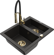 Mexen Carlos évier en granit 1,5 bac avec robinet de cuisine Aster, noir/doré métallique - 6518-75-73450-57-G