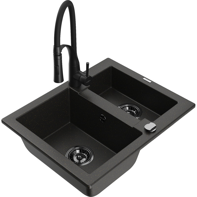 Mexen Carlos évier granit 1,5 cuves avec robinet de cuisine Aster, noir/or métallique - 6518-75-73450-70-B