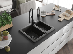 Mexen Carlos évier granit 1,5 cuves avec robinet de cuisine Aster, noir/or métallique - 6518-75-73450-70-B
