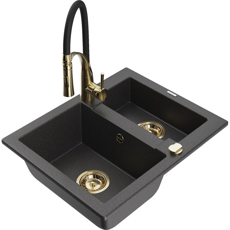 Mexen Carlos évier granit 1,5-bac avec robinet de cuisine Aster, noir moucheté - 6518-76-73450-57-G