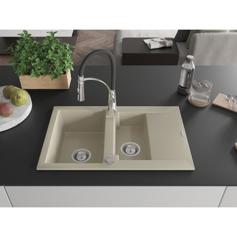 Mexen Gaspar évier en granit 1,5 bac avec égouttoir et mitigeur de cuisine Aster, beige - 6507-69-73450-07
