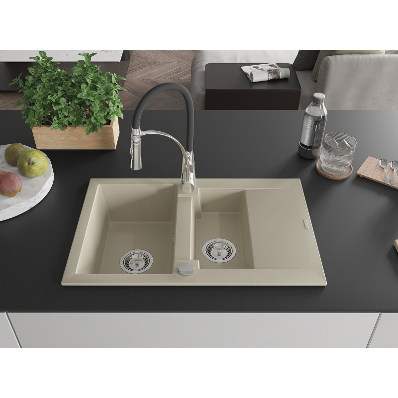 Mexen Gaspar évier en granit 1,5 bac avec égouttoir et robinet de cuisine Aster, beige - 6507-69-73450-07