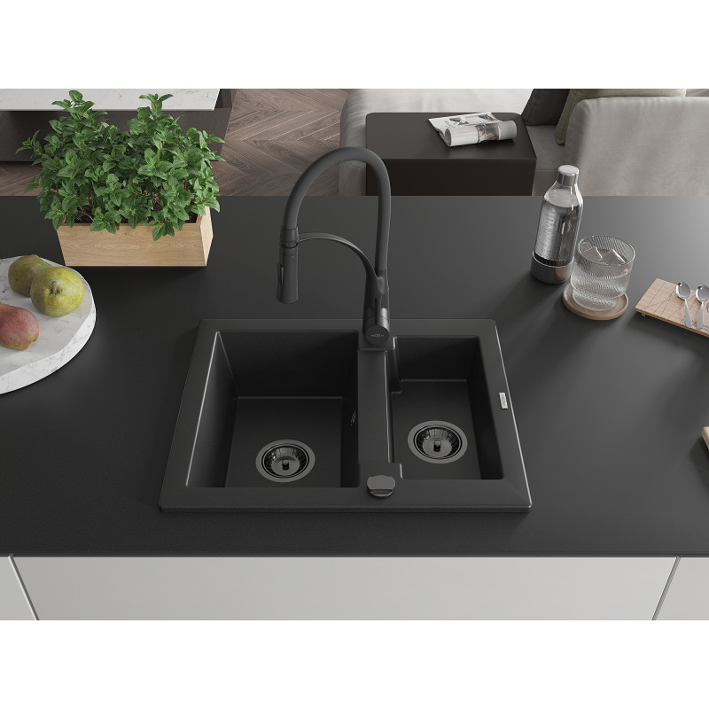 Mexen Carlos évier en granit 1,5 cuves avec robinet de cuisine Aster, noir - 6518-77-73450-70-B