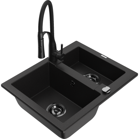 Mexen Carlos évier en granit 1,5 cuves avec robinet de cuisine Aster, noir - 6518-77-73450-70-B