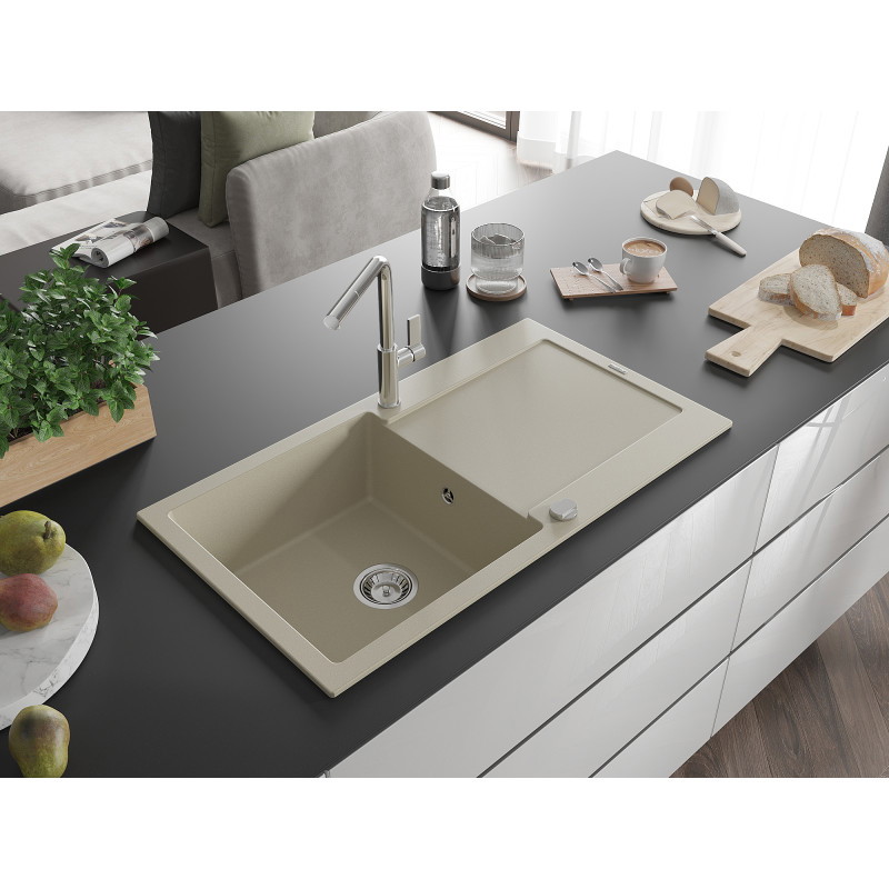 Mexen Leo évier en granit 1 bac avec égouttoir et mitigeur de cuisine Flora, beige - 6501-69-670401-00