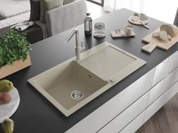 Mexen Leo évier en granit 1 bac avec égouttoir et mitigeur Flora, beige - 6501-69-670401-00