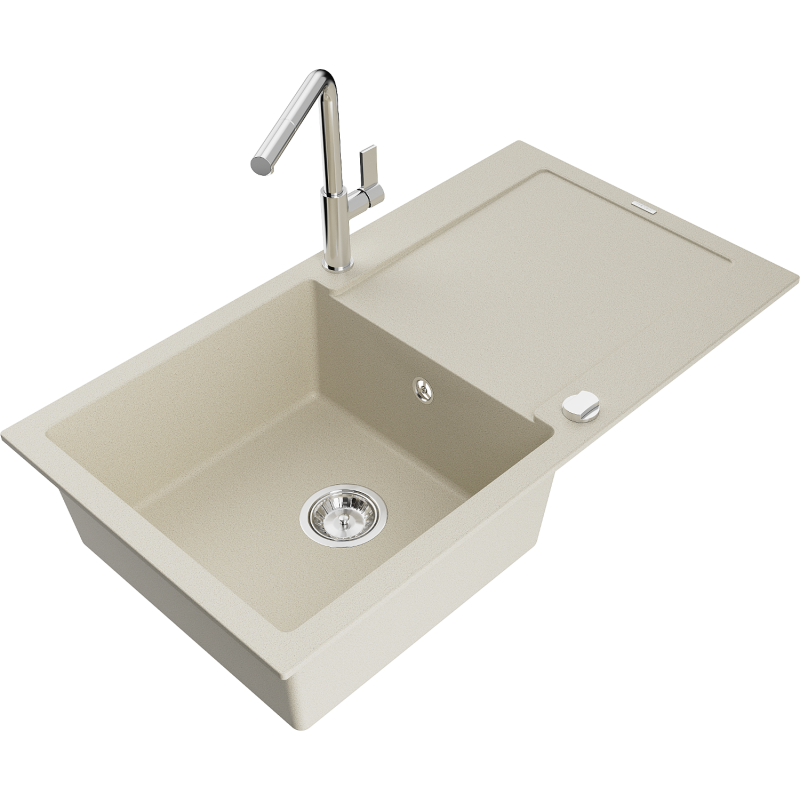 Mexen Leo évier en granit 1 bac avec égouttoir et robinet de cuisine Flora, beige - 6501-69-670401-00