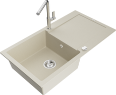 Mexen Leo évier en granit 1 bac avec égouttoir et robinet de cuisine Flora, beige - 6501-69-670401-00