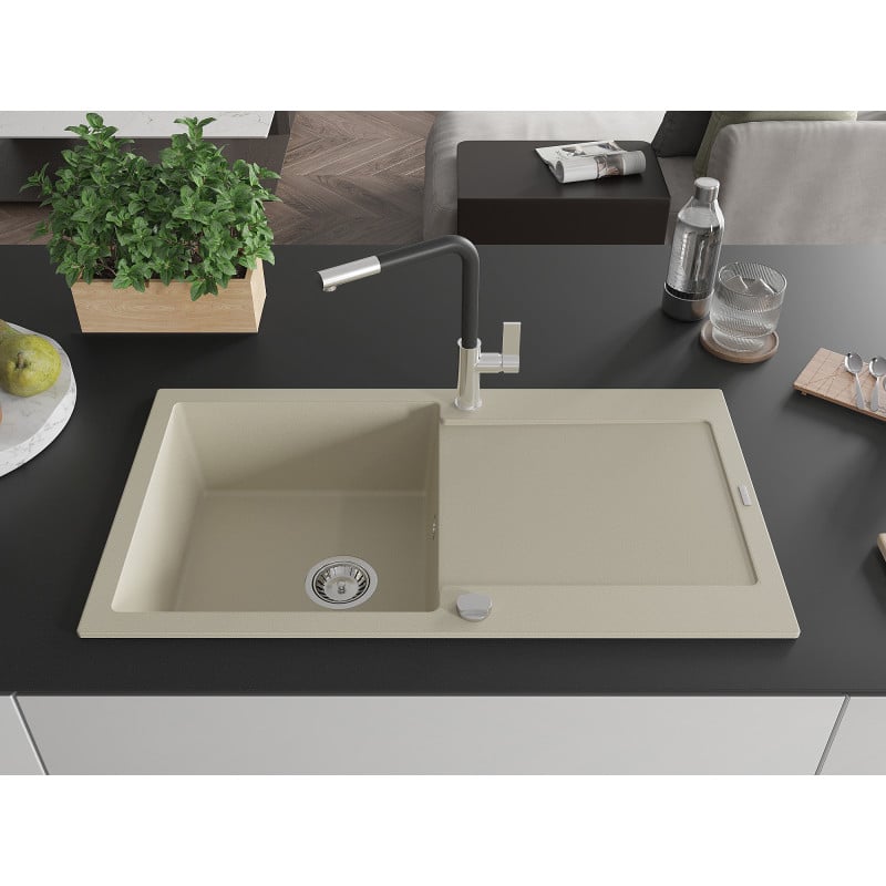 Mexen Leo évier en granit 1-bac avec égouttoir et mitigeur cuisine Flora, beige - 6501-69-670401-07