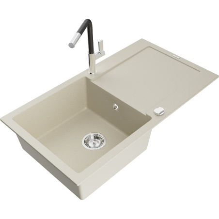 Mexen Leo évier en granit 1 bac avec égouttoir et robinet de cuisine Flora, beige - 6501-69-670401-07