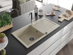 Mexen Leo évier granit 1 bac avec égouttoir et robinet Flora, beige - 6501-69-670401-07-B