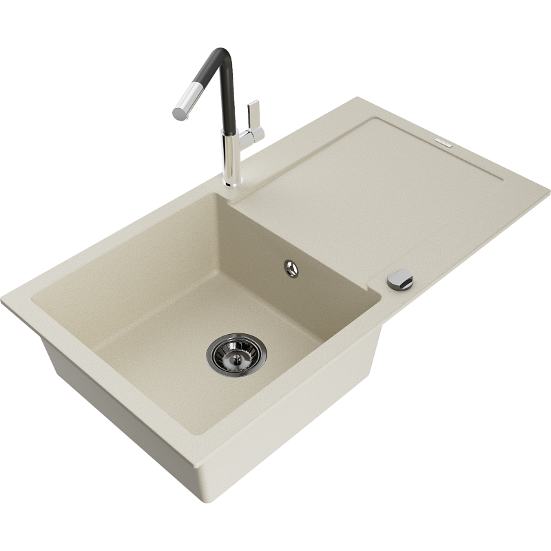 Mexen Leo évier en granit 1 bac avec égouttoir et robinet de cuisine Flora, beige - 6501-69-670401-07-B