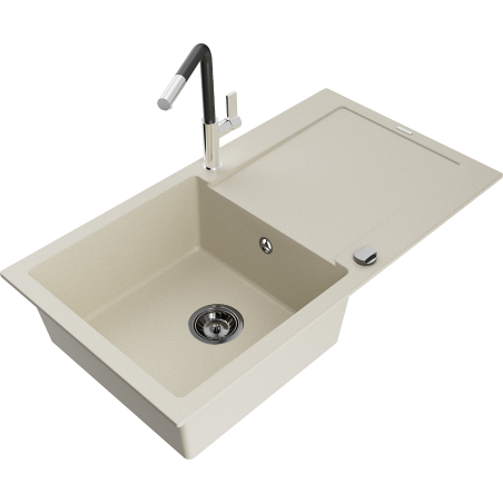 Mexen Leo évier granit 1 bac avec égouttoir et robinet Flora, beige - 6501-69-670401-07-B