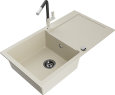 Mexen Leo évier granit 1 bac avec égouttoir et robinet Flora, beige - 6501-69-670401-07-B