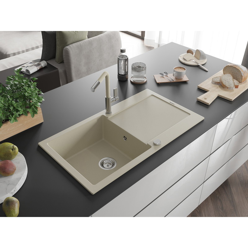 Mexen Leo évier en granit 1 bac avec égouttoir et robinet de cuisine Flora, beige - 6501-69-670401-09