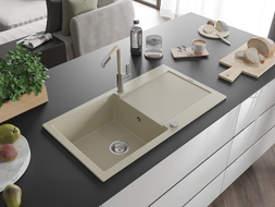 Mexen Leo évier en granit 1-bassin avec égouttoir et robinet de cuisine Flora, beige - 6501-69-670401-09