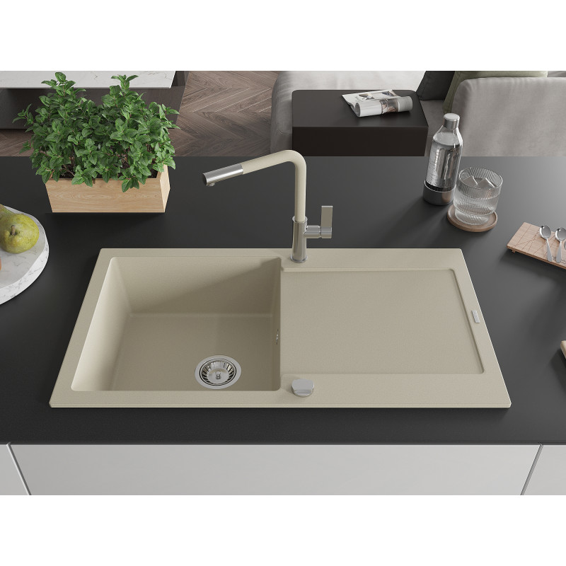 Mexen Leo évier en granit 1 bac avec égouttoir et robinet de cuisine Flora, beige - 6501-69-670401-09