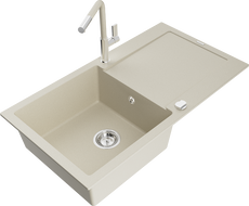 Mexen Leo évier en granit 1-bassin avec égouttoir et robinet de cuisine Flora, beige - 6501-69-670401-09