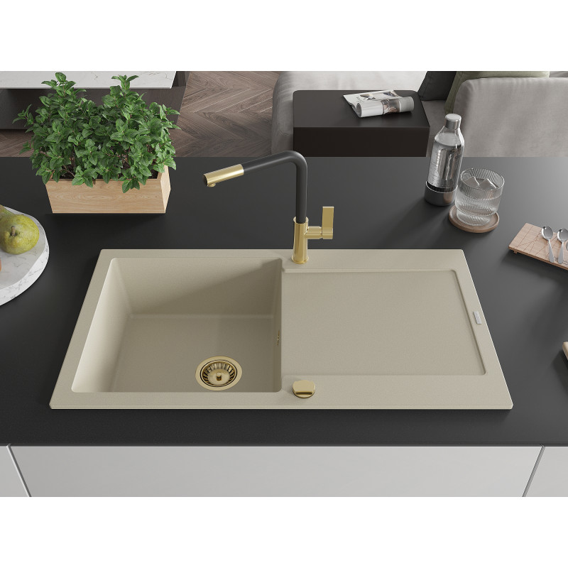 Mexen Leo évier de cuisine en granite à 1 bac avec égouttoir et robinet de cuisine Flora, beige - 6501-69-670401-57-G
