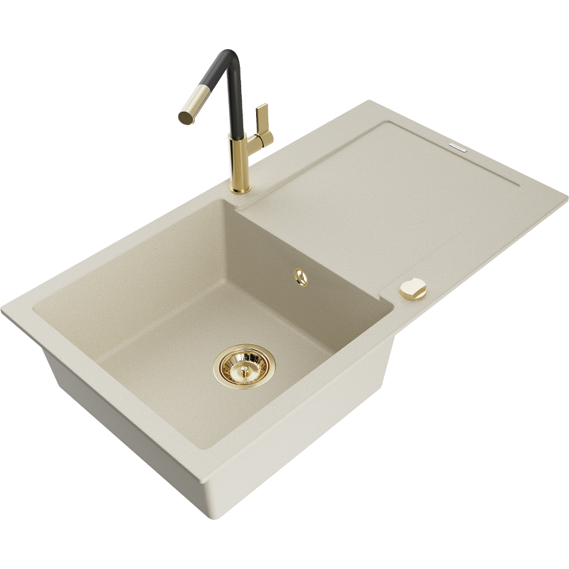 Mexen Leo évier en granit 1 bac avec égouttoir et robinet de cuisine Flora, beige - 6501-69-670401-57-G