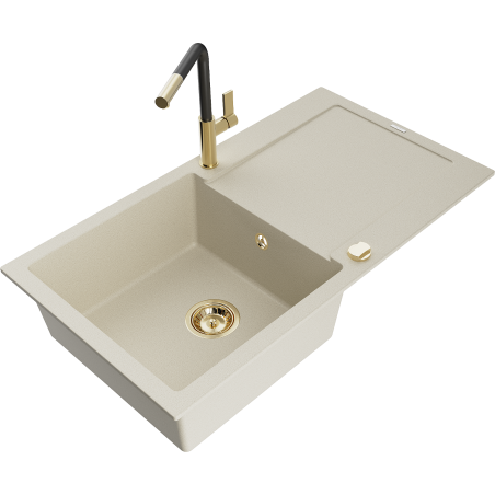 Mexen Leo évier en granit 1 bac avec égouttoir et robinet de cuisine Flora, beige - 6501-69-670401-57-G