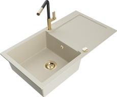 Mexen Leo évier en granit 1 bac avec égouttoir et robinet de cuisine Flora, beige - 6501-69-670401-57-G