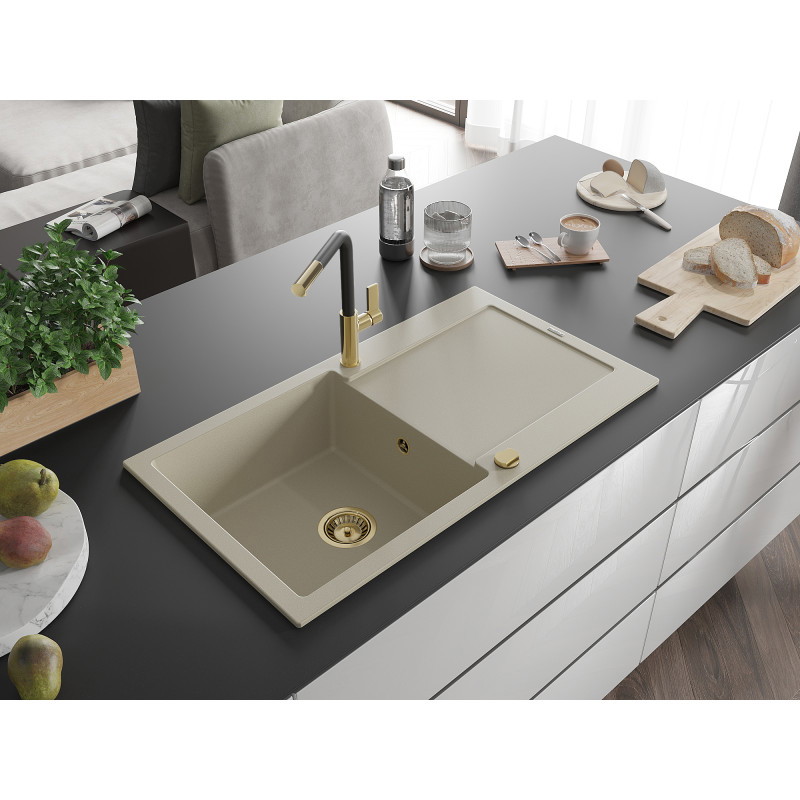 Mexen Leo évier de cuisine en granite à 1 bac avec égouttoir et robinet de cuisine Flora, beige - 6501-69-670401-57-G