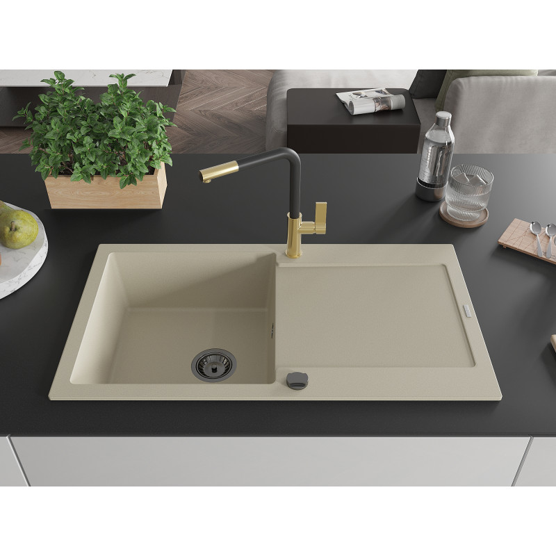 Mexen Leo évier en granit 1 bac avec égouttoir et robinet de cuisine Flora, beige - 6501-69-670401-57-B